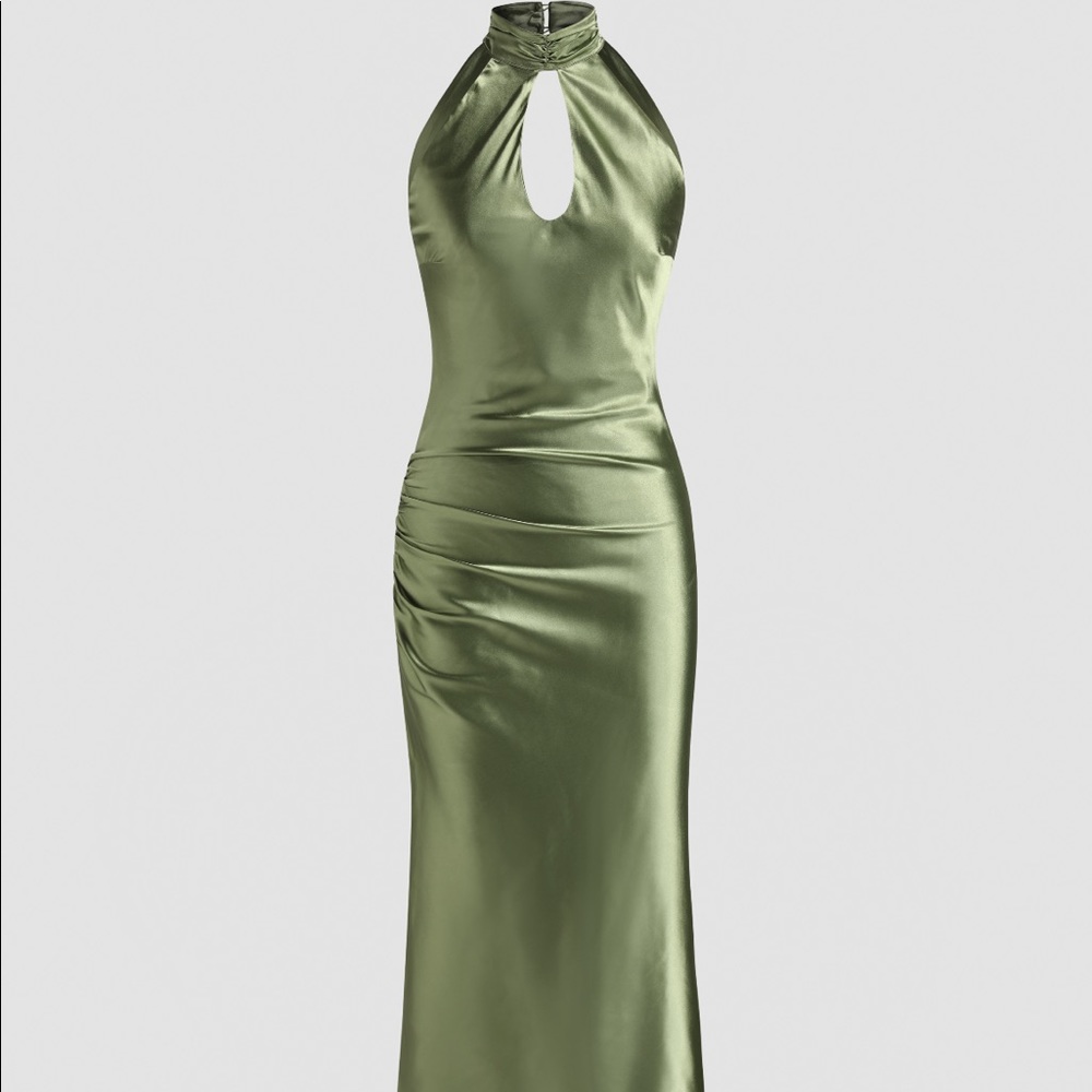CIDER green solid cut out halter midi dress